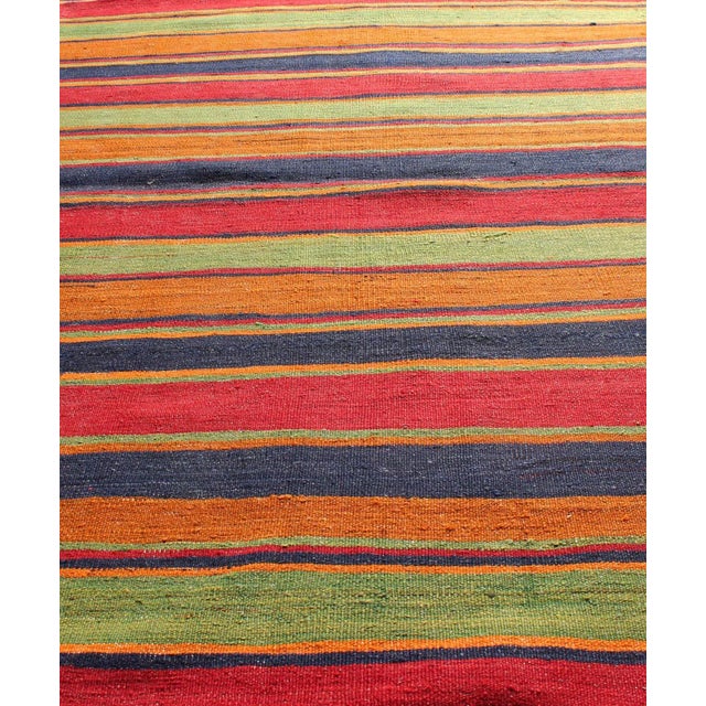 Vintage Kilim Runner With Horizontal Stripes in Bright Colors, Orange, Green, Blue, Red, Gold For Sale In Atlanta - Image 6 of 8