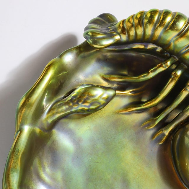 Zsolnay Hungary Eosin Iridescent Green Gold Lobster & Snake Hand Painted Dish For Sale - Image 13 of 16