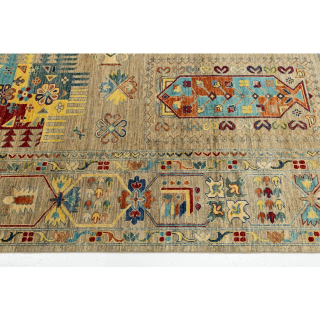 Kazak Style Hand-Knotted Wool Rug – Neutral Beige & Vibrant Multi-Color Tribal For Sale - Image 4 of 10