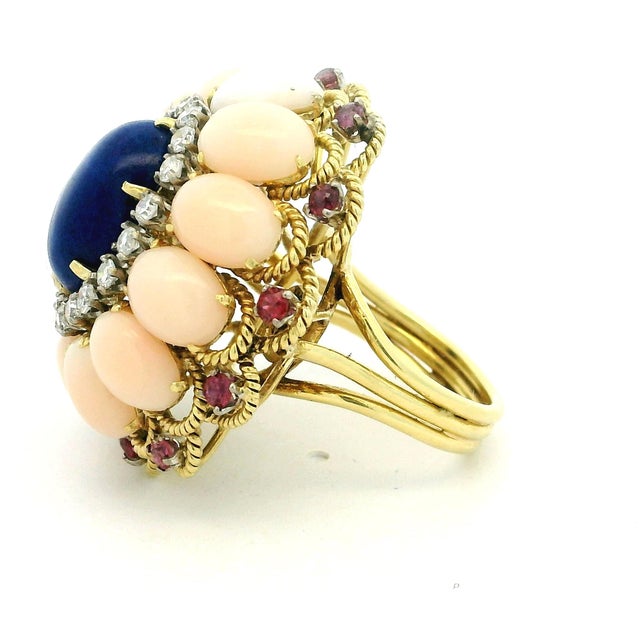 Italian 18k Gold Lapis, Coral, Ruby & Diamond Cocktail Ring, 1970s, Size 7 For Sale - Image 9 of 18