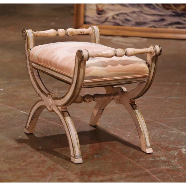 Mid-Century Italian Painted Curule Stool With Turned Handles and X-Form Base For Sale - Image 4 of 9