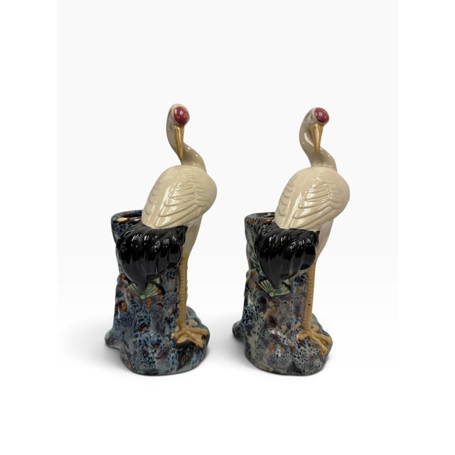 Ceramic Early 20th Century Chinese Export Majolica Style Crane Spill Vases - A Pair For Sale - Image 7 of 7