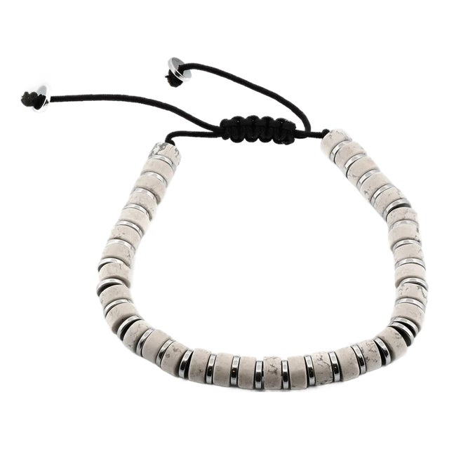 Men's White Howlite & Silver Hematite Beaded Adjustable Bracelet For Sale