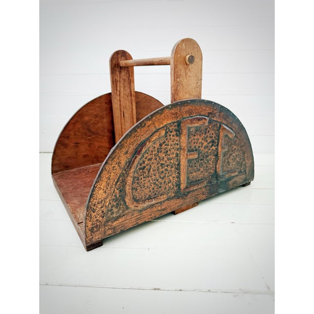 Early 20th Century Vintage Handmade Wood & Hammered Copper Firewood Holder With Fish Motif | Rustic Cabin Lodge Log Carrier / Magazine Rack For Sale - Image 5 of 12