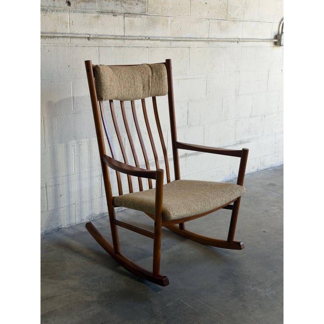 Beige In Style of Hans Wegner Teak High Back Rocking Armchair Danish Vintage 1960s For Sale - Image 8 of 13