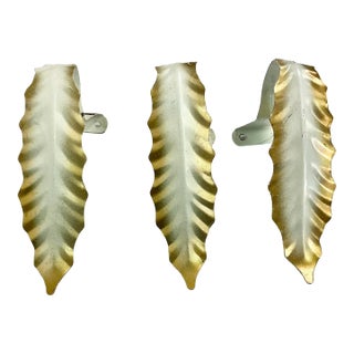 1950s Vintage Italian Roman Neoclassical Gold Tipped Acanthus Leaf Tole Tiebacks - Set of 3. For Sale