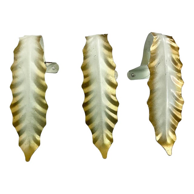 1950s Vintage Italian Roman Neoclassical Gold Tipped Acanthus Leaf Tole Tiebacks - Set of 3. For Sale