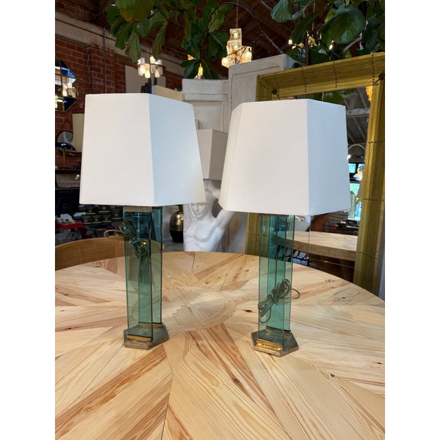 1970s Fontana Arte Style Brass and Blue Glass Table Lamps - a Pair For Sale In Los Angeles - Image 6 of 10