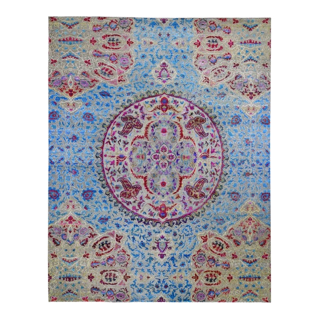 Oversized Sari Silk and Textured Wool Colorful Maharaja Hand Knotted Oriental Rug For Sale