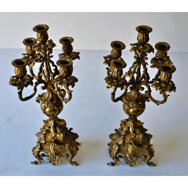 Metal Pair of Early 20th Century Renaissance Revival Style Brass Five Light Candelabras For Sale - Image 7 of 8