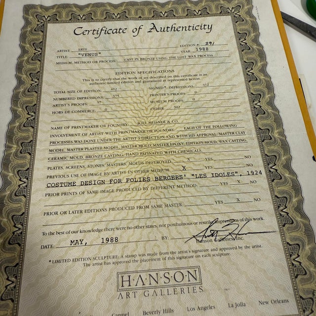 Fine Erte Bronze Sculpture LTD 291/375 1987 Chalk/Vermillion W/Coa For Sale - Image 12 of 12