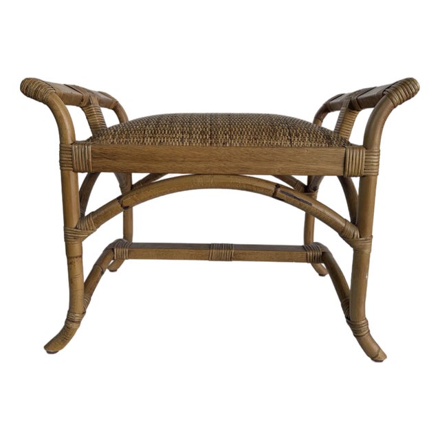 Vintage Coastal Woven Rattan and Bamboo Pagoda Style Bench/ Stool For Sale
