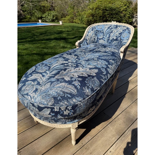 Traditional Custom Louis XVI Style Blue Chaise Lounge in Ralph Lauren For Sale - Image 3 of 15