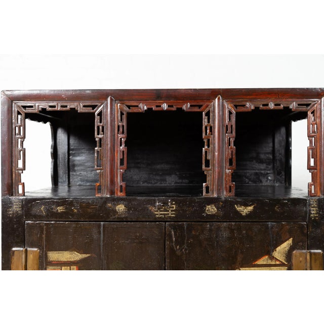 Chinese Antique Chinese Display Cabinet with Hand Painted Chinoiserie and Open Shelf For Sale - Image 3 of 13