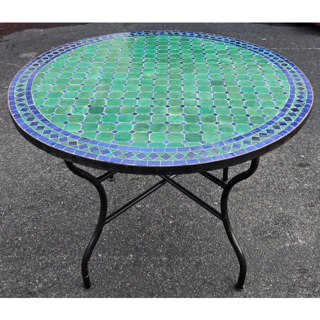Moroccan 40" Handcrafted Turqoise and Blue Moroccan Mosaic Table For Sale - Image 3 of 7