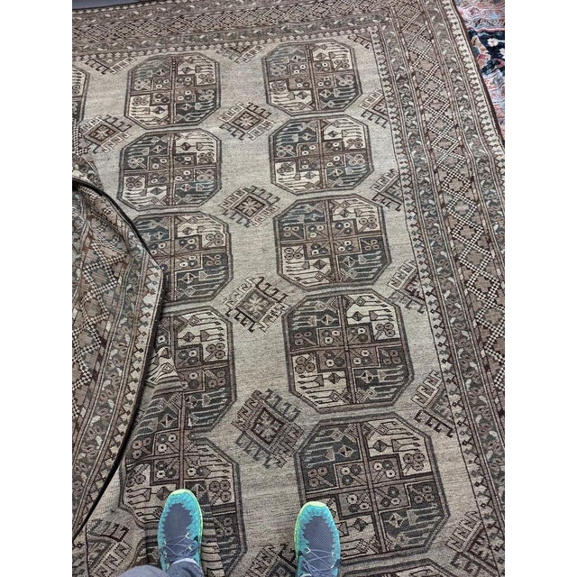 Muted Cloud Grey, Taupe, and Steel Blue Vintage Ersari Elephant Track Organic Wool Rug 8.4 x 11.6 For Sale In Milwaukee - Image 6 of 6