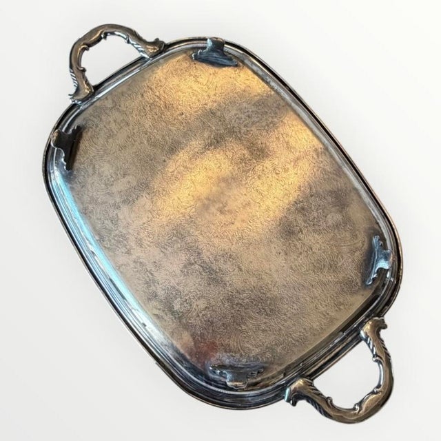 Vintage Silver Plate Large Butler's Buffet Tray With Handles and Feet For Sale - Image 12 of 18