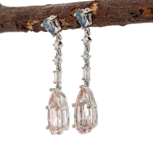 Art Deco Morganite & Aquamarine Earrings With Earth Mined Diamonds in Solid 14k Gold- Set of 2 For Sale - Image 3 of 7