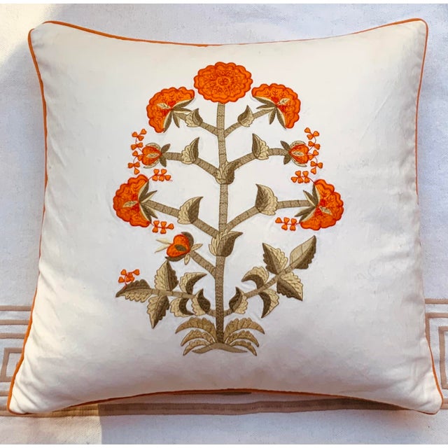 Contemporary Mughal Style White Cotton Embroidered Pillows - A Pair For Sale - Image 12 of 14