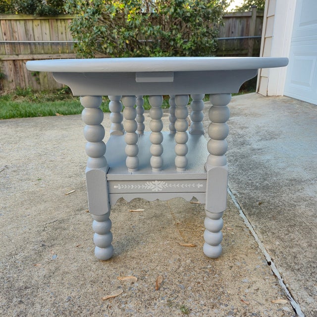 Vintage Paint Decorated Light Blue-Gray Oak Spool Bobbin Leg Oval Coffee Table Side Table For Sale - Image 9 of 9