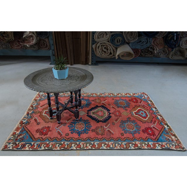 1900 - 1909 1880s Antique Geometric Salmon Red Blue Hand-Knotted Wool Pile Rug - 2’11” X 4’8” For Sale - Image 5 of 8