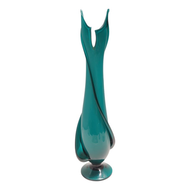 Vintage Teal Encased and Hand-Blown Murano Glass Flower Vase, Italy, 1960s For Sale