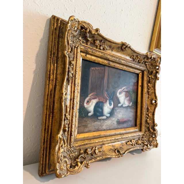 Vintage R Mario Oil Painting Three Rabbits Bunnies Farmhouse Art Gold Frame For Sale - Image 10 of 10