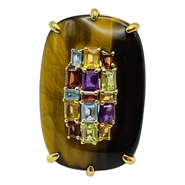 Massive Tiger's Eye & Multi-Gemstone Rainbow Cocktail Ring Sterling Silver Gold Vermeil - Size 9 For Sale