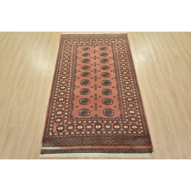 Tribal Bokhara Rug 3’11” X 6’6” Pink Wool Tribal Hand-Knotted Oriental Carpet For Sale - Image 3 of 11