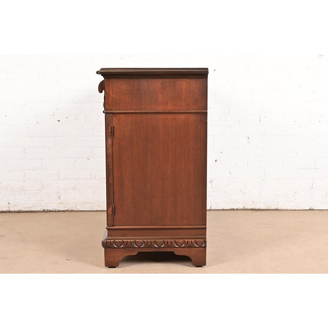 Berkey & Gay Antique English Tudor Carved Walnut and Burl Wood Bar Cabinet, Newly Refinished For Sale - Image 13 of 15
