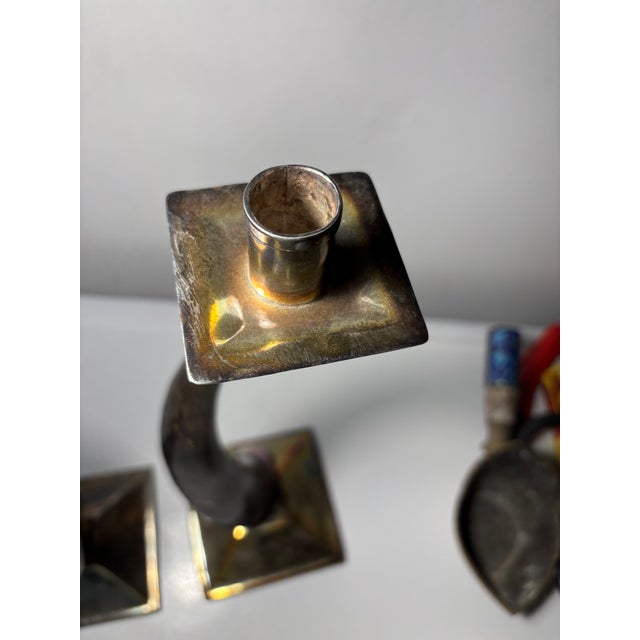 Commanding Tall Pair of Twisted Horn Candlesticks With Metal Bases and Holders For Sale - Image 4 of 12