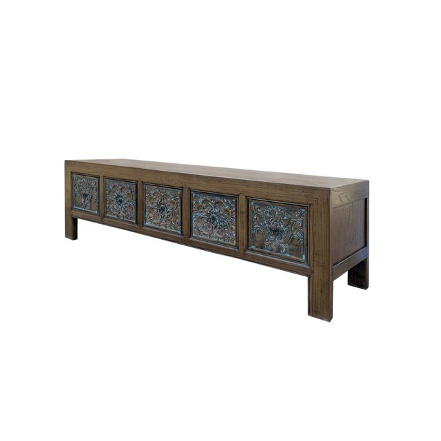 Rustic Brown Solid Wood Flower Carving 5 Drawers Blue Marks Low Tv Stand Cabinet For Sale - Image 3 of 9