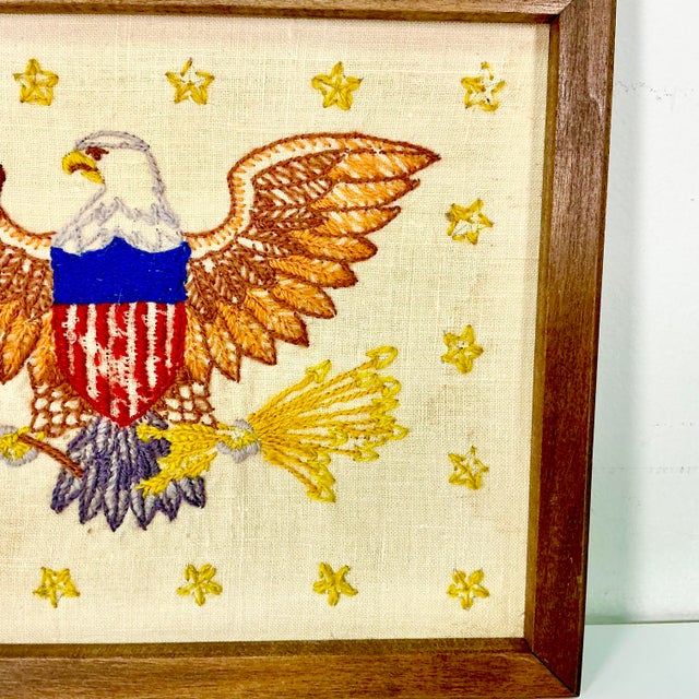 1930s Vintage Boho Chic Americana Patriotic Eagle Needlepoint Yarn Sampler, Framed For Sale - Image 9 of 11