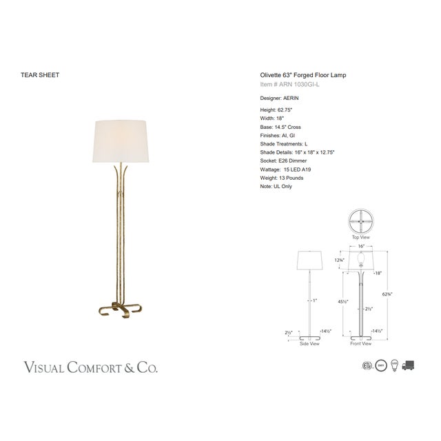 AERIN by Visual Comfort Signature Olivette 63" Forged Floor Lamp in Gilded Iron with Linen Shade Designer: AERIN Height:...