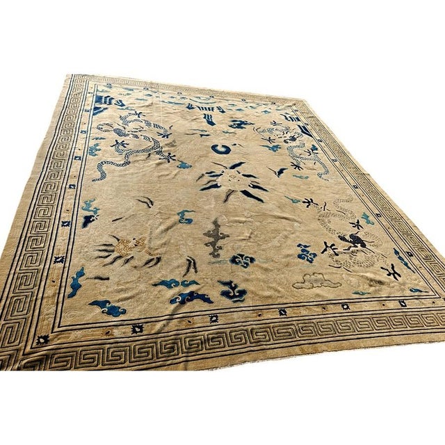Chinese 1880s Beige Ground Dragon Medallion Antique Chinese Peking Qing Style Square Rug For Sale - Image 3 of 9