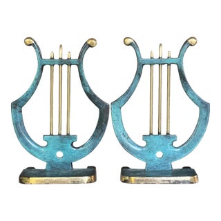 Made in Israel Fantasia Brass Lyre Book Ends - A Pair For Sale