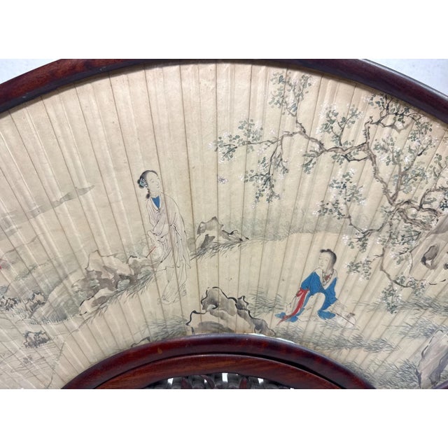 Wood Antique Early 1800's Chinese Qing Dynasty Hand Painted Hand Fan Carved Wood Base For Sale - Image 7 of 18