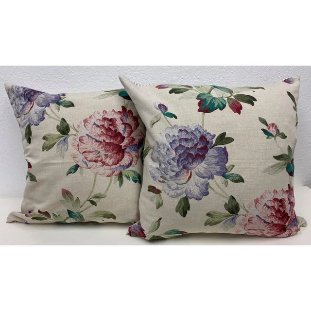 Cream Pair of 22" Square Pillows With Bold Pink & Blue Floral Print - Made in Uk. For Sale - Image 8 of 8