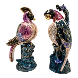 China Trader Macau Hand-Painted Porcelain Birds – Vintage Pair Colorful Figurines For Sale