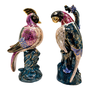 China Trader Macau Hand-Painted Porcelain Birds – Vintage Pair Colorful Figurines