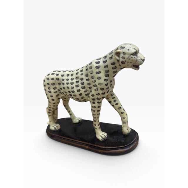 Vintage Hand-Painted Ceramic Leopard Sculpture on Wood Base Cheetah Cat For Sale - Image 4 of 6