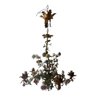 Huge Italian Tole Porcelain Flowers Polychrome Chandelier, Circa 1890 Bouquet For Sale