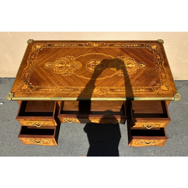 Antique French Louis XV Ormolu-Mounted Marquetry Bureau Plat Desk, Circa 1860 For Sale - Image 9 of 10