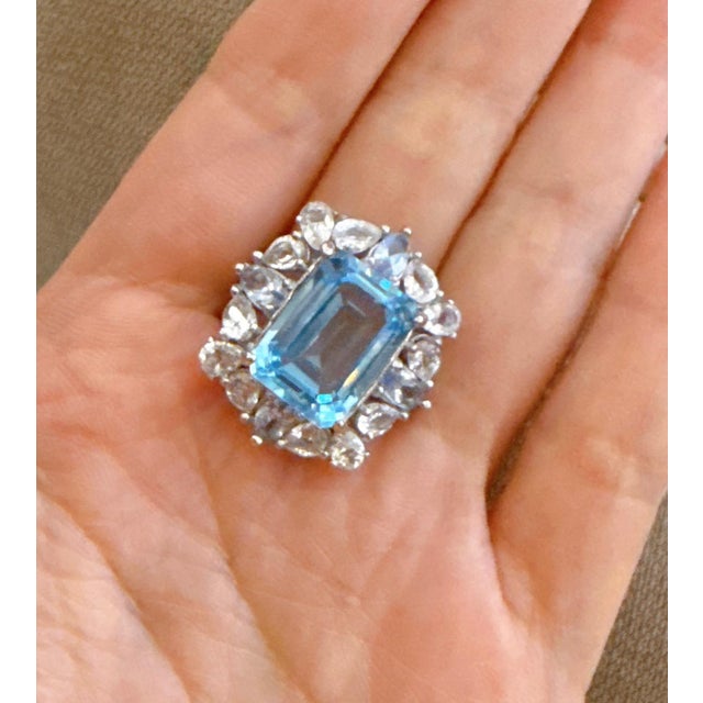 Classic Italian Bochic Capri Blue Topaz Ring Set In 18K Gold & Silver Natural Blue Topaz, Emerald Cut Shape 14,00 carats...