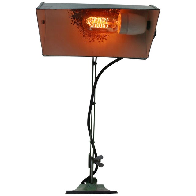 1950s Green Metal Cast Iron Bankers Table Desk Lamp For Sale - Image 5 of 8