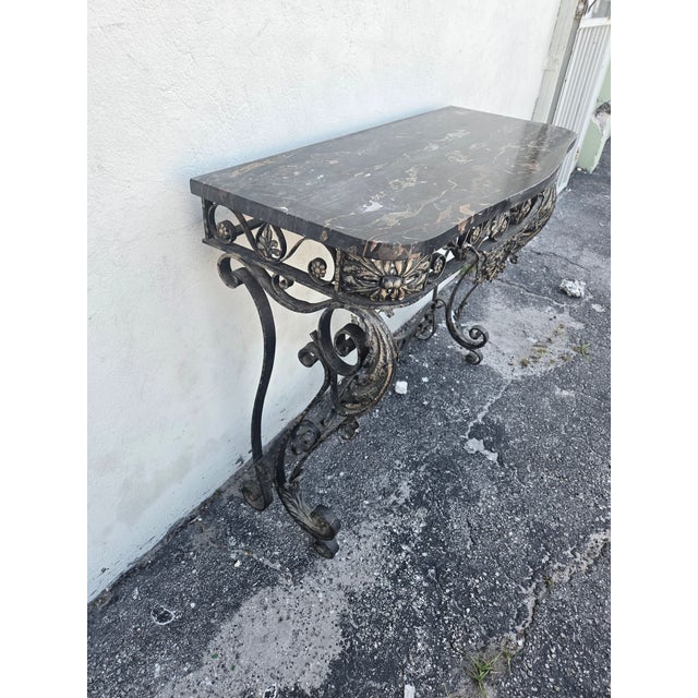 Black 1920's French Wrought Iron Console Table Adorned W Flowers W Marble Top For Sale - Image 8 of 10