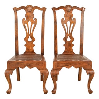 Henredon Georgian Carved Oak and Cane Side Chairs or Dining Chairs, Pair For Sale