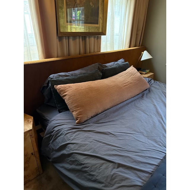 Custom made oversized velvet headboard attached to king sized bed frame in a wooden walnut. Materiel: velvet Headboard...