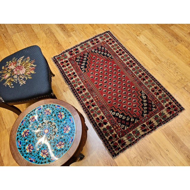 Textile Vintage Turkish Village Area Rug, Hand-Knotted Wool, Red & Navy, 1950s, 3' x 5' For Sale - Image 7 of 15