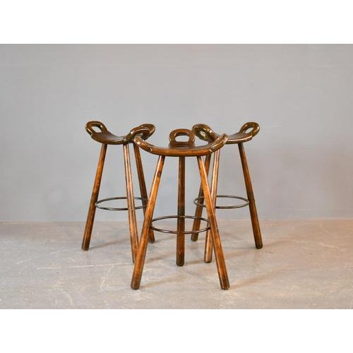 Mid Century Brutalist "Marbella" Bar Stools by Sergio Rodrigues Circa 1970s - Solid beech - Steel footrests - Designed by...